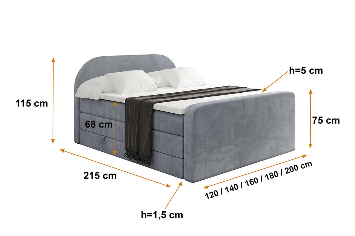 BOXSPRINGBETT mit Matratze und Lattenrost - NOX-Z KING-160x200 - Grau Casablanca - Grau, Holzwerkstoff (160/200cm) - ALTDECOR