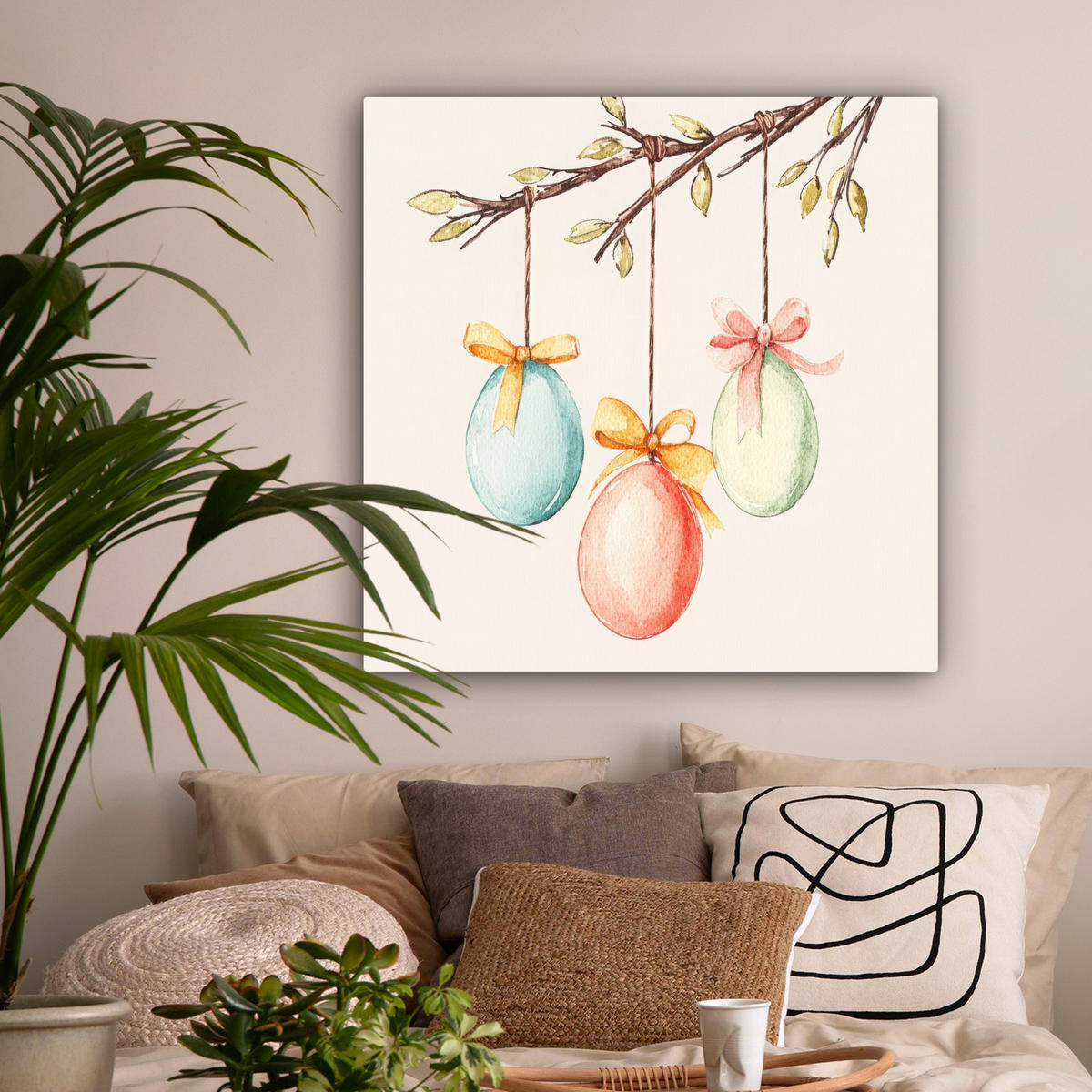 LEINWANDBILD Osterkuchen - Schleife - Eier Deko Groß 90x90 cm - Creme, Textil (90/90cm) - MuchoWow