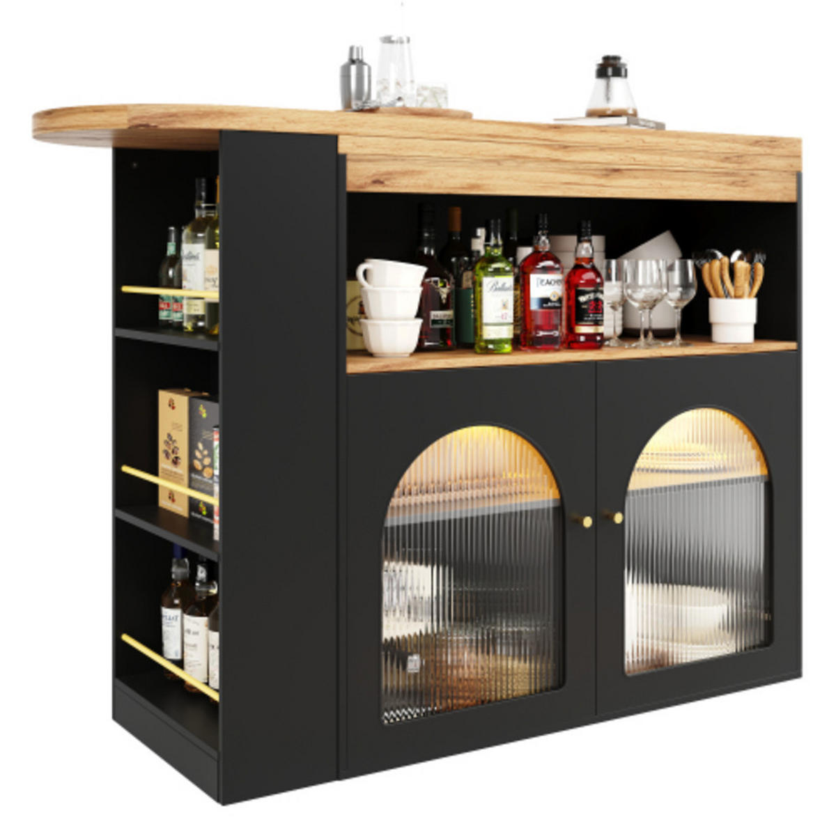 BARTISCH mit LED Beleuchtung, drehbarem Bar-Schrank mit dreistufigem Stauraum, Glasfront und ausziehbarer Stehtischfunktion, schwarz - Schwarz, Holzwerkstoff (193/39/105cm) - Luhomfu
