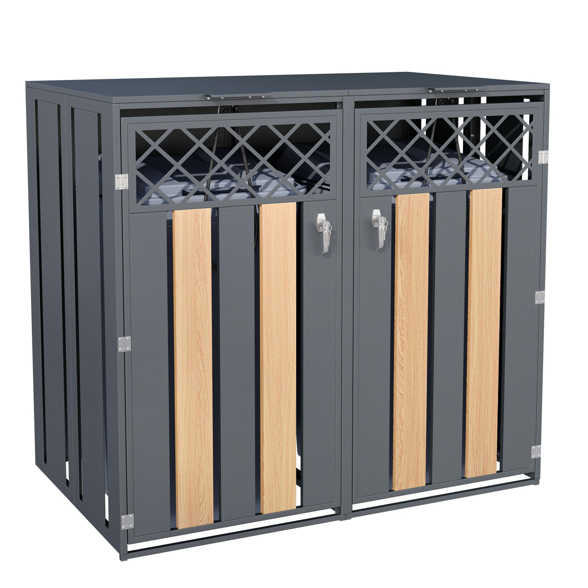 MÜLLTONNENBOX aus Stahl in Grau Holzoptik mit Klappdeckel 132x80x118,5 cm - Grau, Metall (132/118.5/80cm) - Modfu