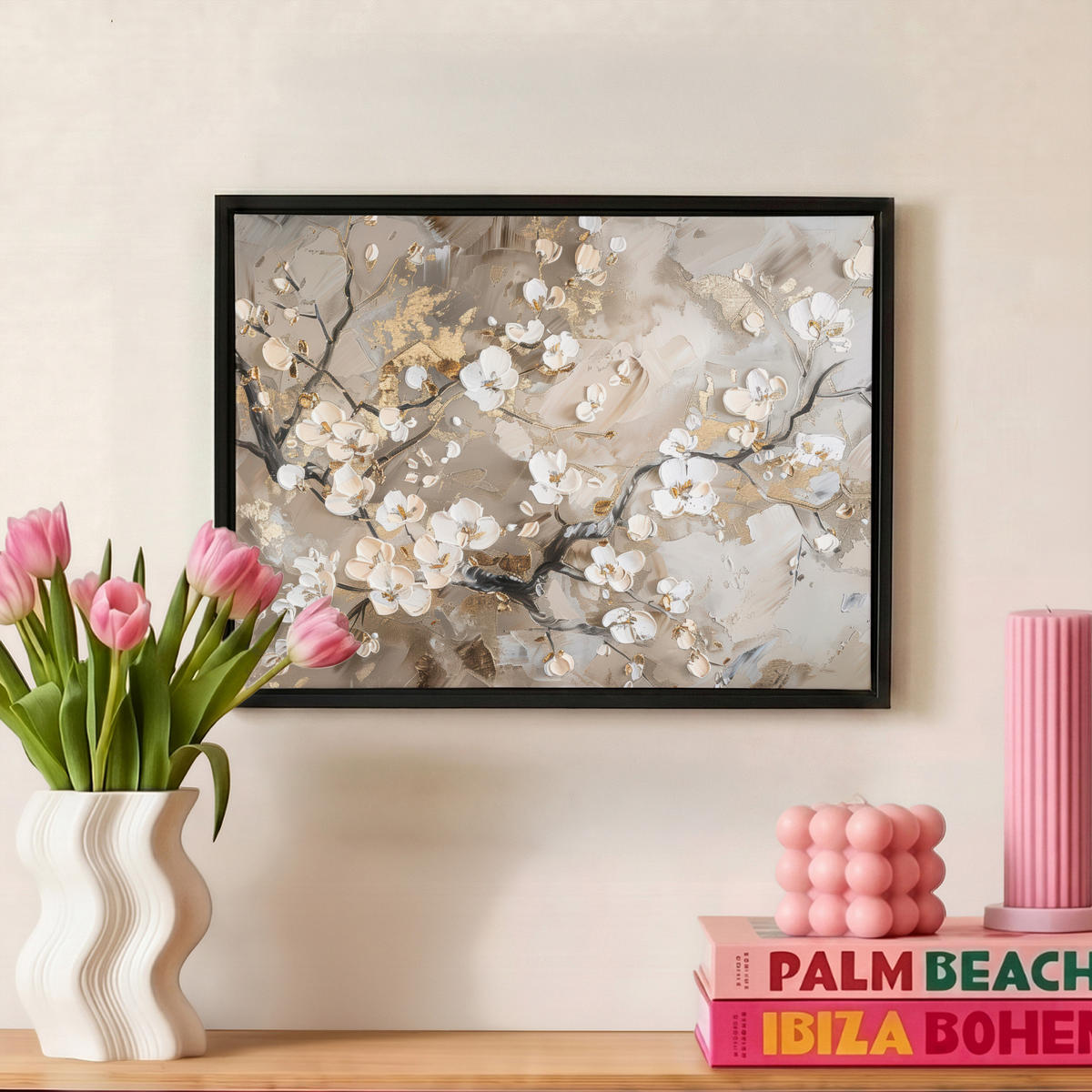 LEINWAND Bilder mit Rahmen - Blumen - Weiß - Gold - Beige - Luxus - 40x30 - Greige, Textil (40/30cm) - MuchoWow