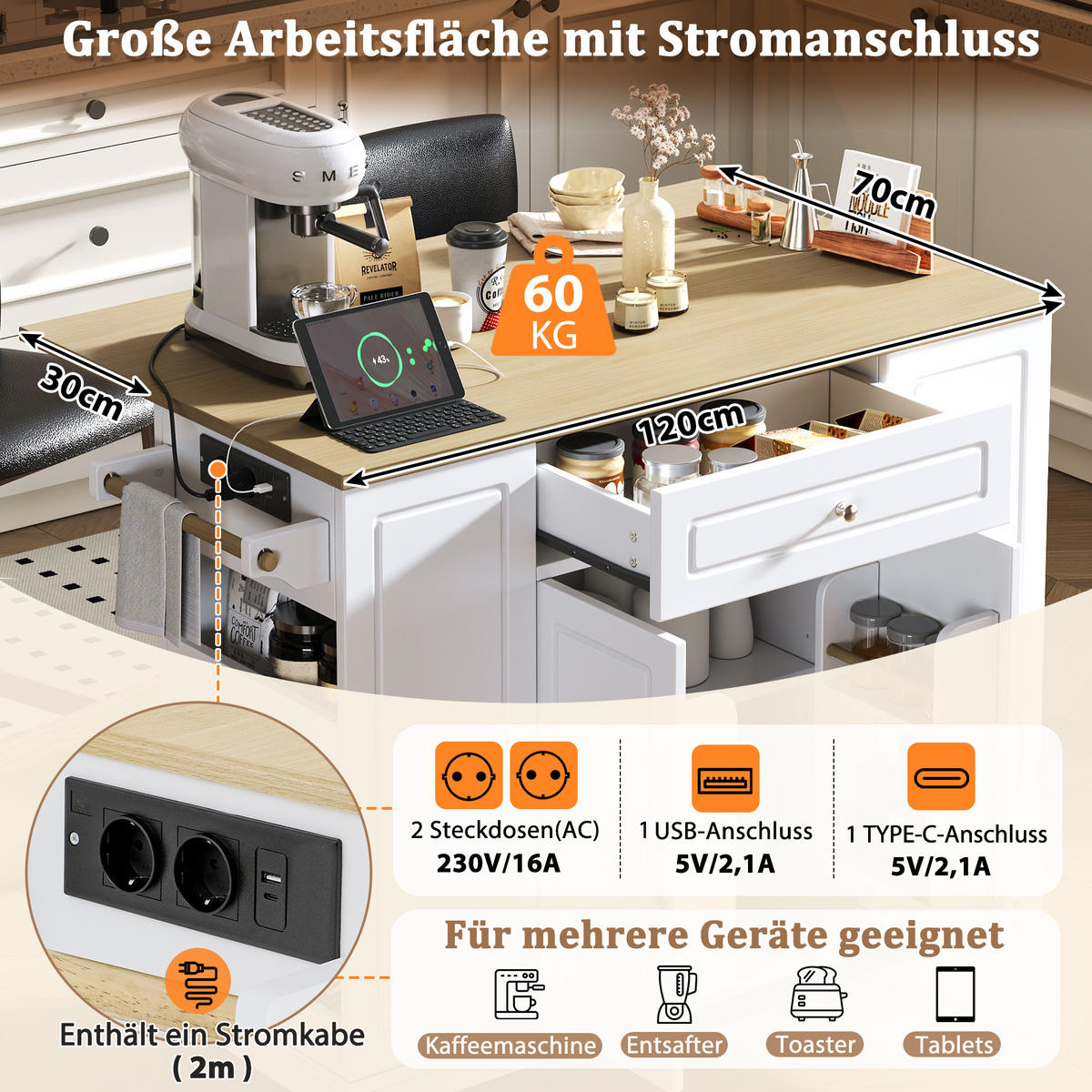 KÜCHENINSEL in Naturfarbe und Weiß Servierwagen mit Schubladen für Esszimmer und Küche, B131.8/T40/H93.3 cm - Weiß, Holzwerkstoff/Metall (131.8/93.3/40cm) - STILVORA