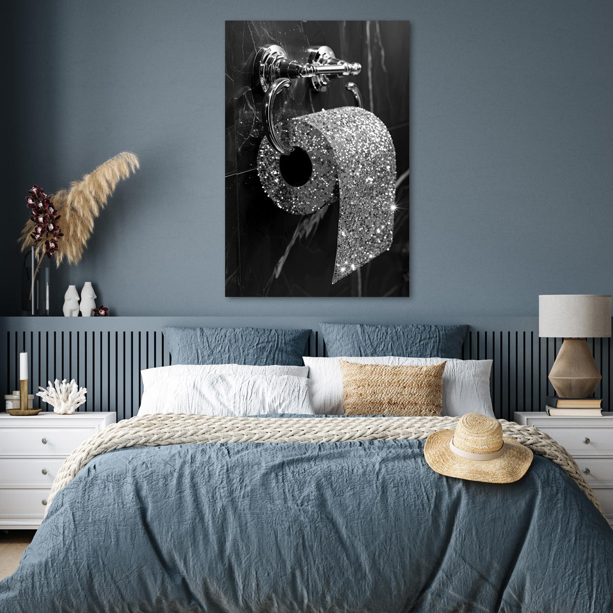 POSTER WC - Toilettenpapier - Schwarz und weiß - Glitter 80x120 cm - Silberfarben, Papier (80/120/0.1cm) - MuchoWow