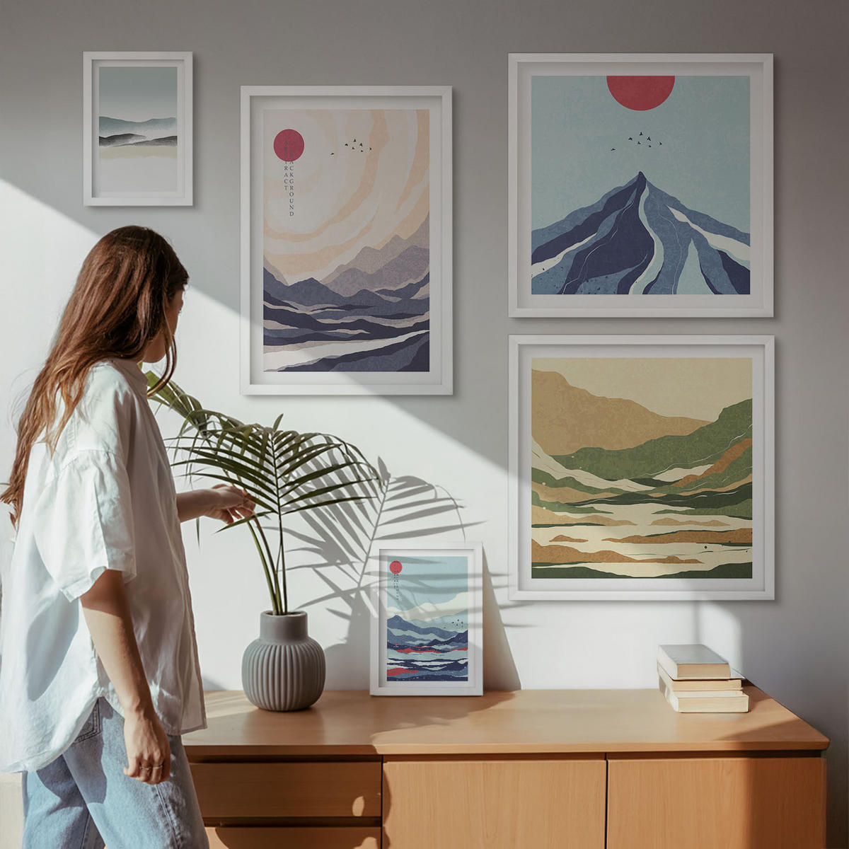 WANDBILDER 5er-Set - 50x50 cm & 20x30 cm & 40x60 cm Weißer Rahmen - Farbenfrohe abstrakte Flussberge - Weiß, Kunststoff (40/60cm) - ArtPrintCave