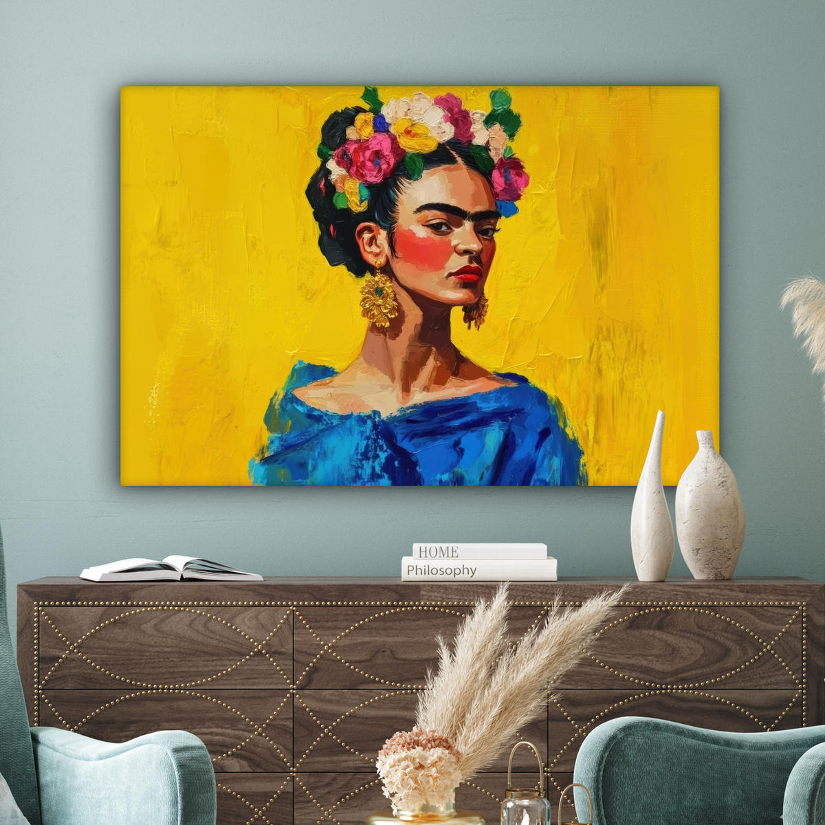 LEINWANDBILD Frida Kahlo - Frau - Gelb - Blau - Blumen Groß 140x90 cm - Gelb, Textil (140/90cm) - MuchoWow