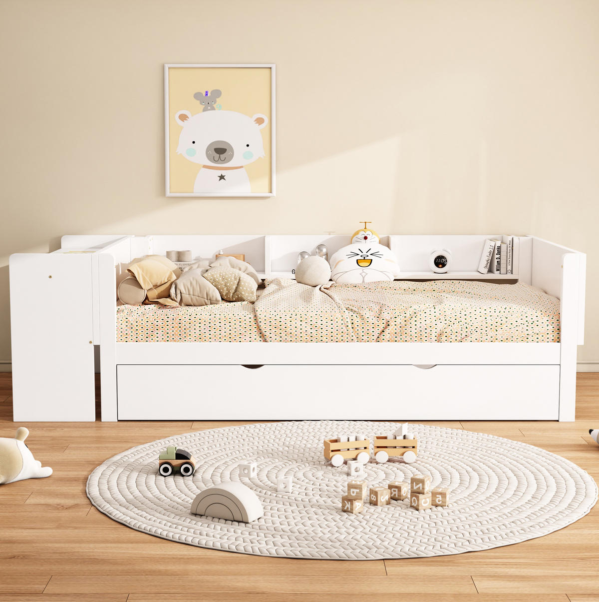 KINDERBETT 90/200 cm Weiß mit Ausziehbett, Schreibtisch und Regalen - Weiß, Holzwerkstoff (90/200cm) - Flora Grace