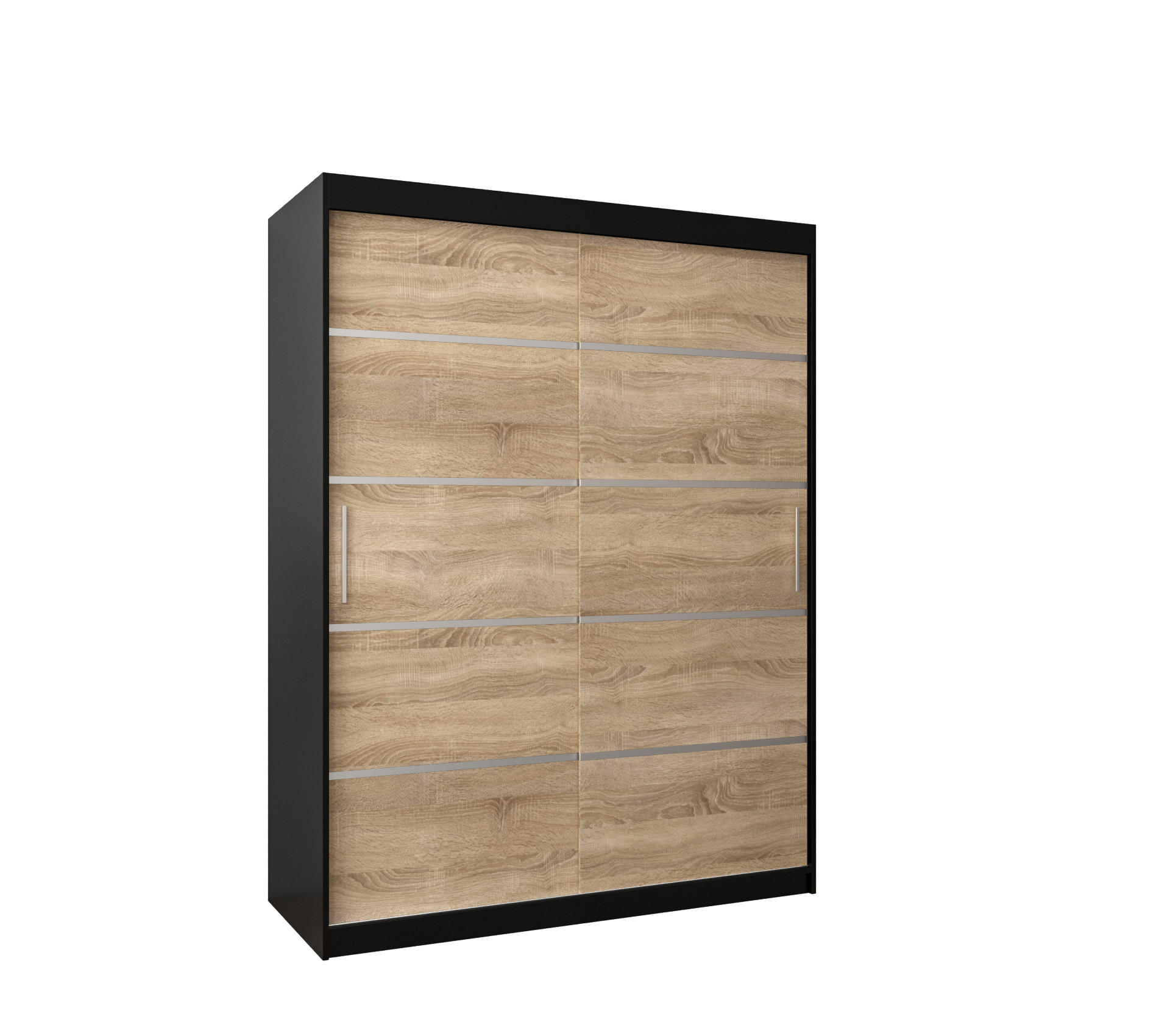 Abiks Möbel SCHWEBETÜRENSCHRANK Schwarz, Sonoma Eiche, Silber 150cm × 62cm × 200cm
