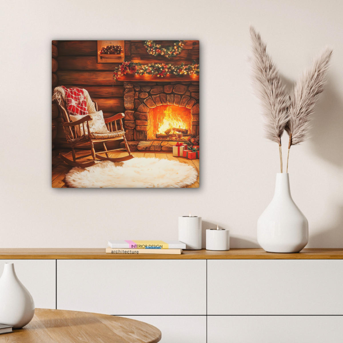 LEINWANDBILD Winter - Weihnachten - Zuhause - Kamin 50x50 cm - Bernsteinfarben, Textil (50/50cm) - MuchoWow