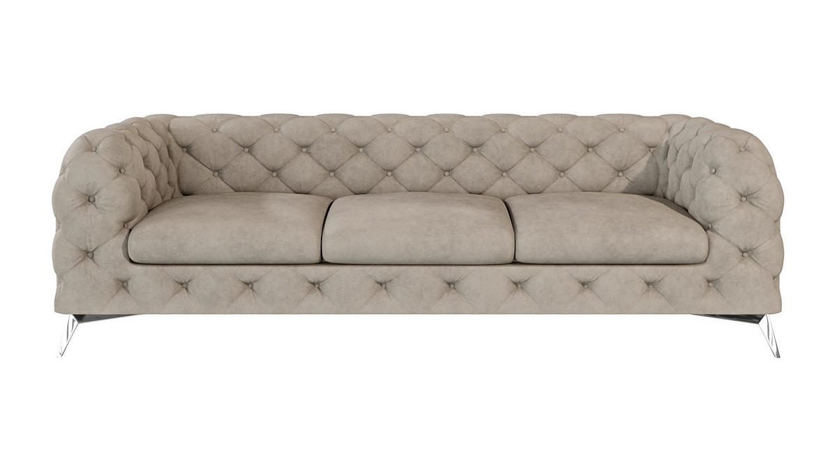 CHESTERFIELD-SOFA 3-Sitzer Laura Dunkle Creme Samt - Silberfarben/Creme, Holz/Textil (243/75/100cm) - S-Style Möbel