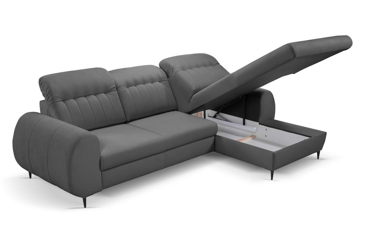 ECKSOFA PURO R-S Grau Plüsch-Stoff mit Schlaffunktion - Grau, Holz (275/166cm) - MASSENO