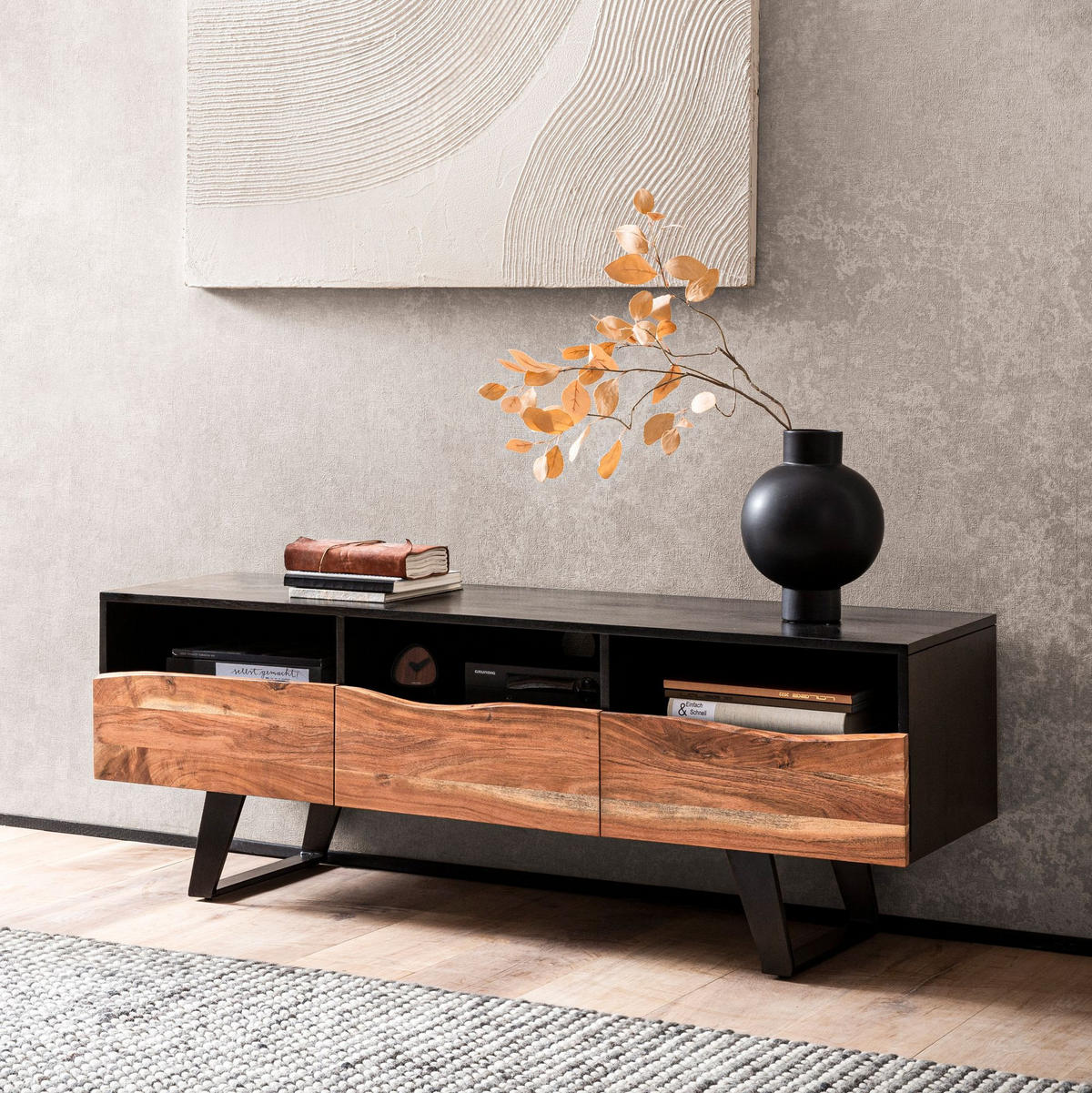 LOWBOARD Akazie Massivholz Modern Stil 140x50x40 cm Baumkante mit Schublade und Türen - Schwarz, Holz/Metall (140/50/40cm) - KADIMA DESIGN