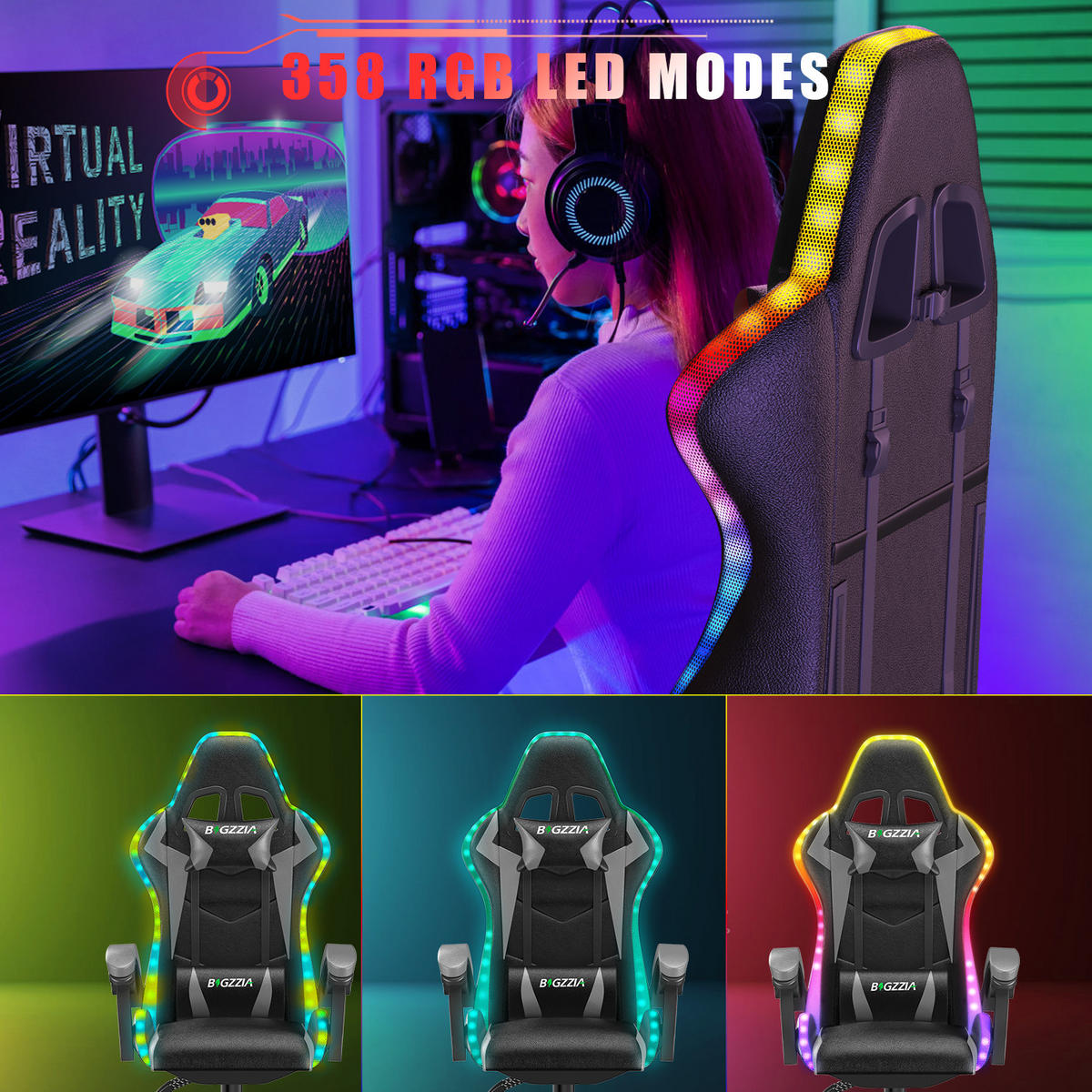 LED-GAMING-STOLICA Crno-Siva,Podesiva Visina,Lumbalna Potpora,Naslon za Glavu - siva, koža (53.5/117/54cm) - Rattantree