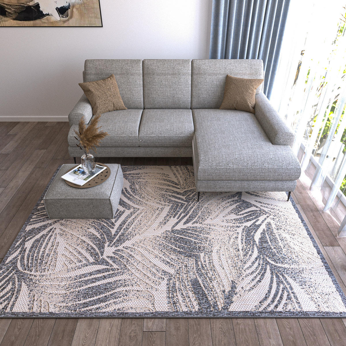 TEPPICH Beige In-Outdoor - Kurzflor Rechteckig, Motiv Pflanzen,Blätter,Blumen - Grau - 140 x 200 cm - Creme/Grau, Textil (140/200cm) - Mazovia