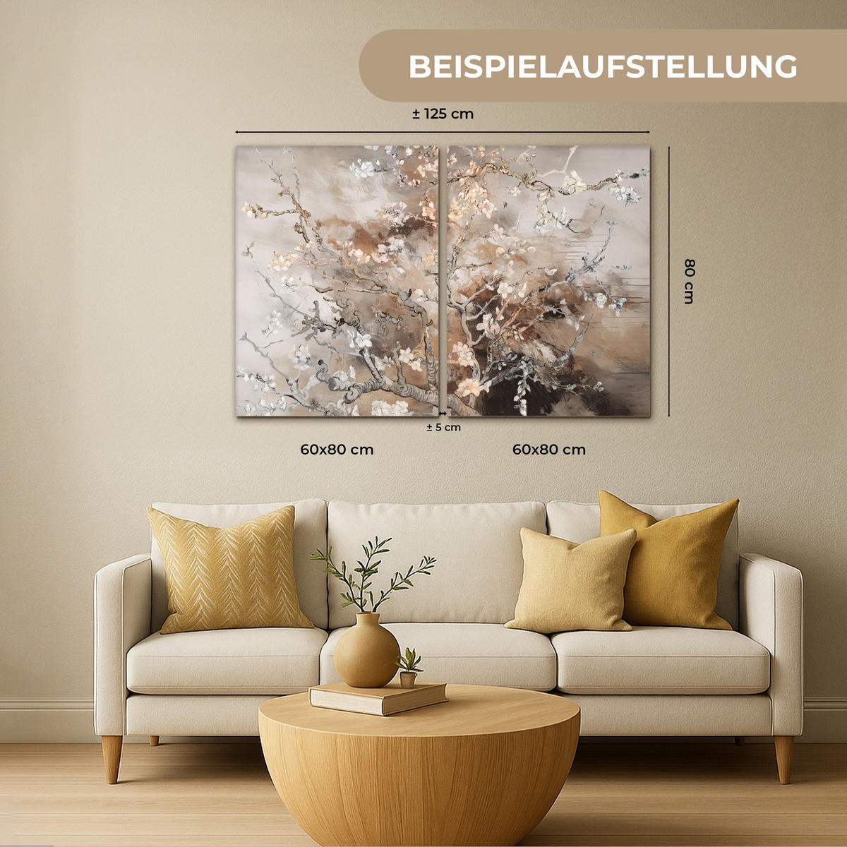 OBRAZ NA PLÁTNĚ 2dílná sada Mandlový květ - abstraktní - béžový 100x70 cm - béžová, textil (100/70cm) - MuchoWow
