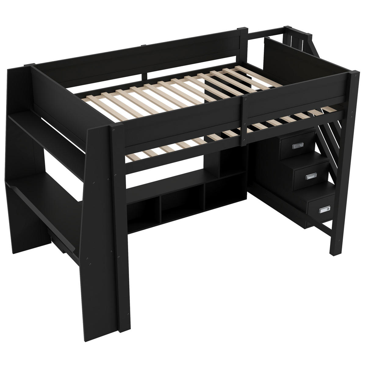HOCHBETT 140/200 cm aus Holz mit Schreibtisch, LED-Beleuchtung, Stauraumtreppe und Schränken, Schwarz - Schwarz, Holzwerkstoff (140/200cm) - Redom