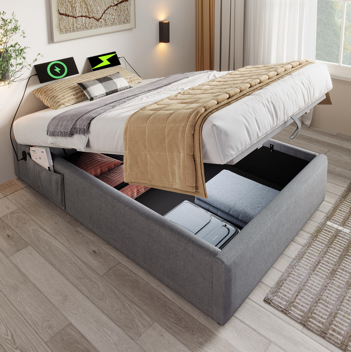 POLSTERBETT 90/190 cm mit Bettkasten, USB-C und Stauraum, ohne Kopfteil - Grau, Textil (90/190cm) - BEAOK
