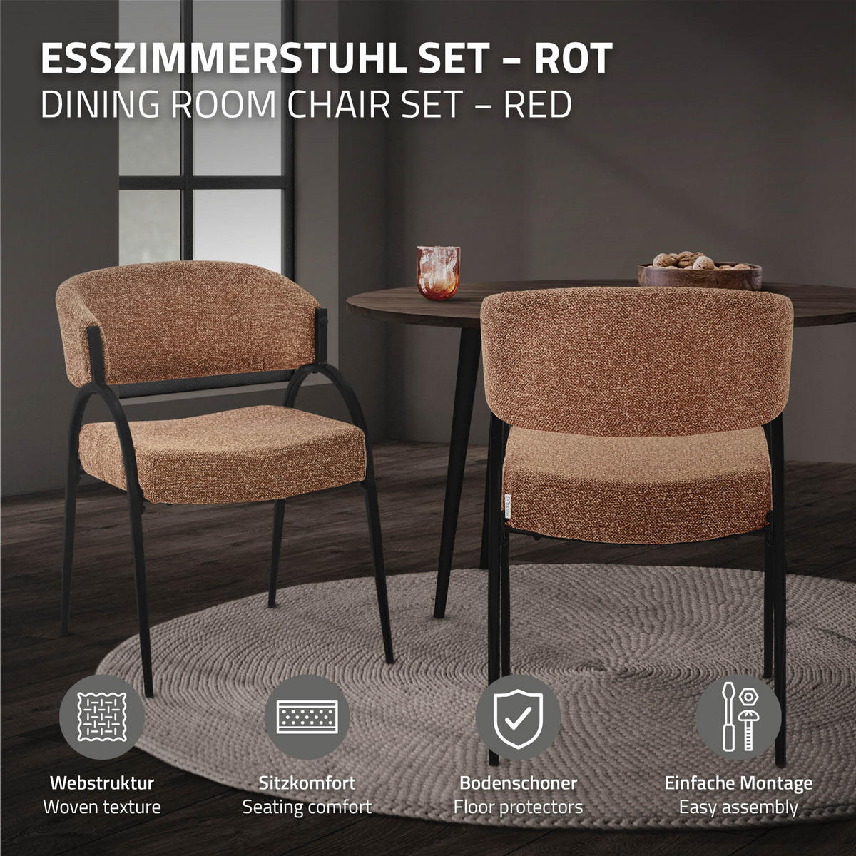 ESSZIMMERSTUHL 2er Set Küchenstühle gepolstert mit Webstoff-Bezug und Arm- und Rückenlehne Rot - Rot/Schwarz, Textil/Metall (54/81/65cm) - ML-DESIGN