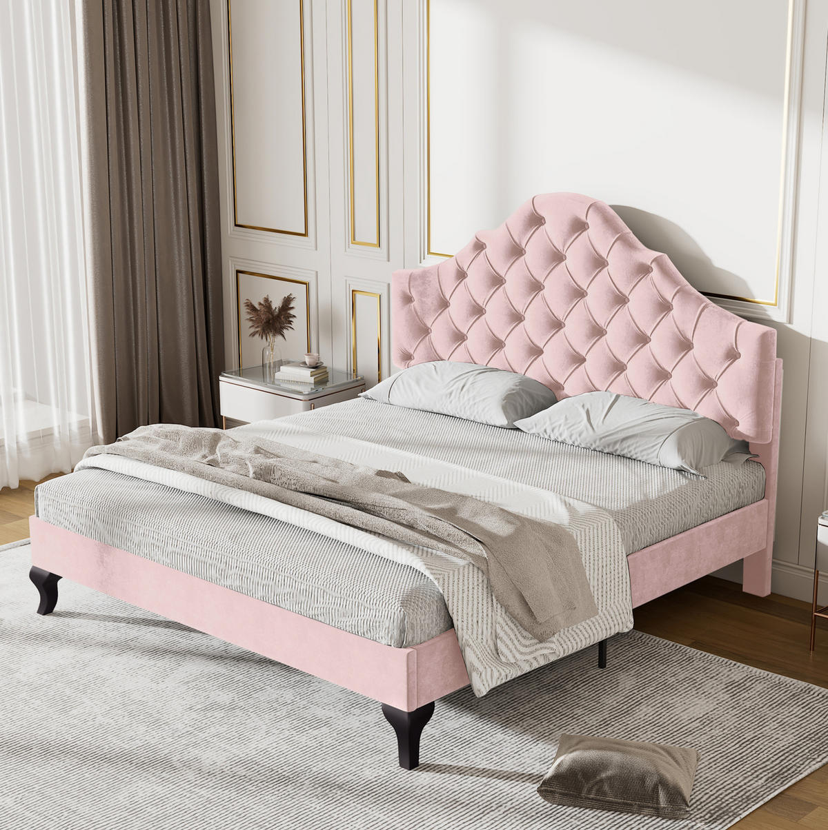 POLSTERBETT 140/200 cm mit Lattenrost, höhenverstellbarem Kopfteil und Samtbezug, Rosa - Rosa, Textil (140/200cm) - Redom