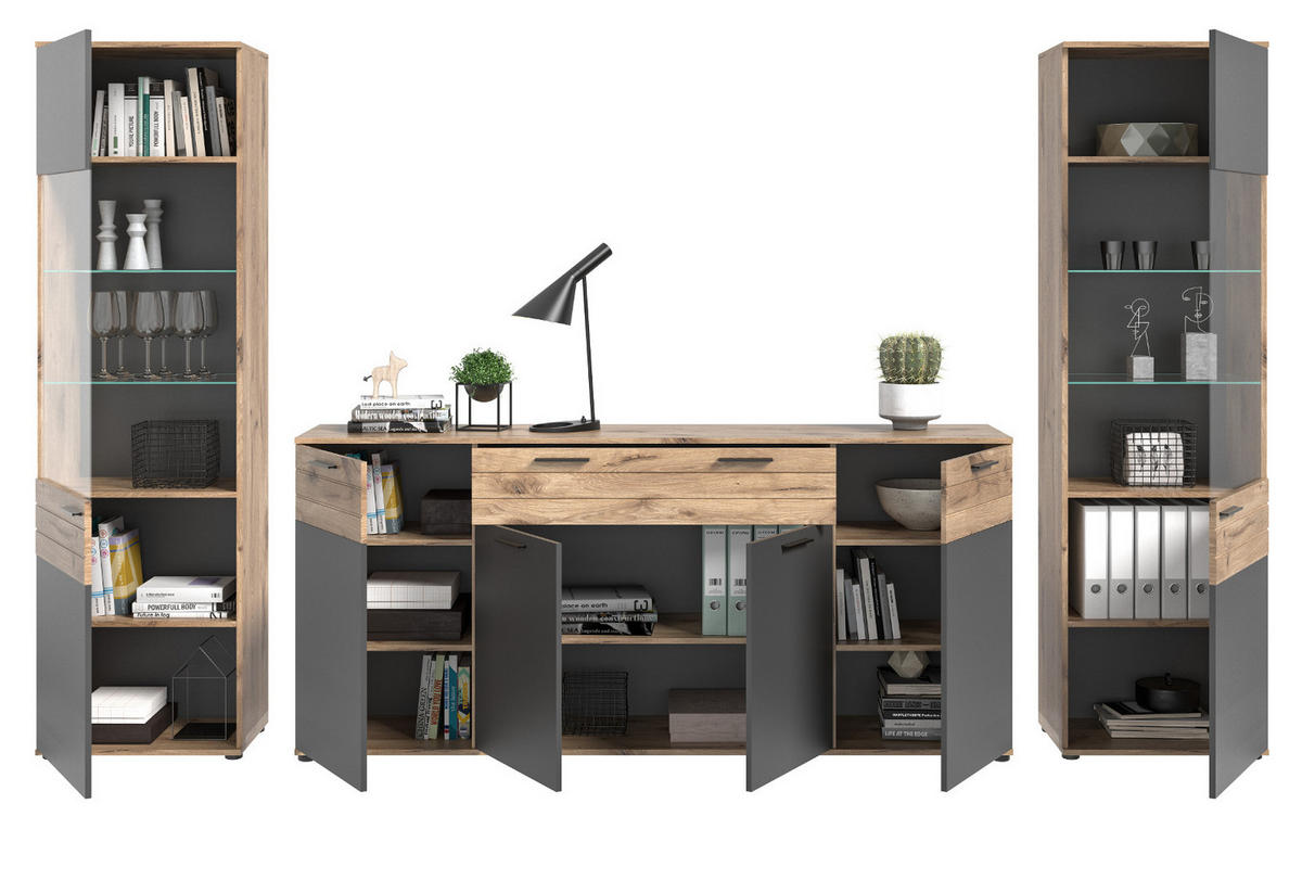 WOHNWAND Eiche, grau 3-teilig 344 cm, Schrankwand mit Soft-Close, Wohn- und Esszimmermöbel - Eichefarben/Schwarz, Holzwerkstoff/Kunststoff (344/200/40cm) - Inn.Furn
