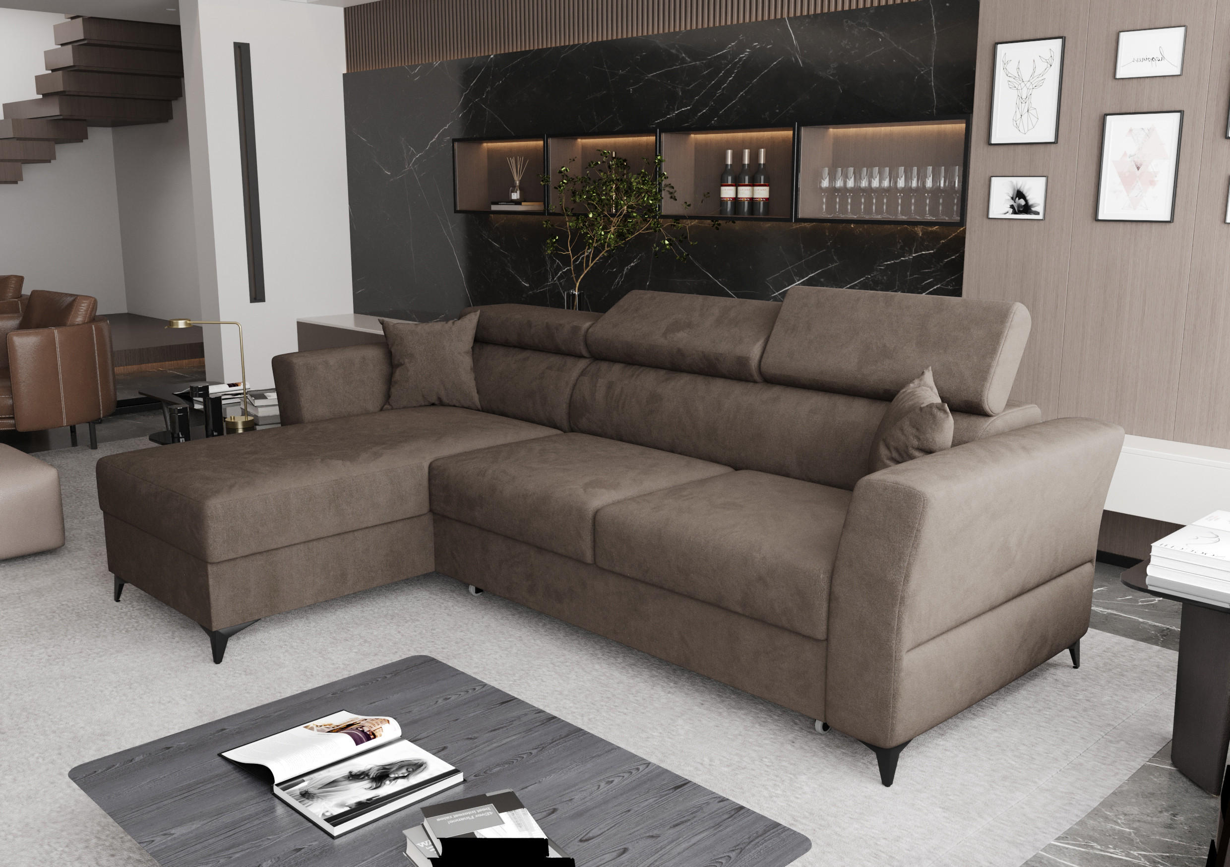 ECKSOFA L Form Ribella Bronze 265/180/100 cm Links mit Schlaffunktion - Schwarz/Bronzefarben, Textil/Metall (180/265cm) - AX Living