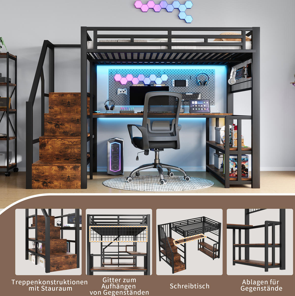 HOCHBETT 140/200 cm aus Metall/MDF mit Schreibtisch, Stauraumtreppe und LED Schwarz - Schwarz, Metall (140/200cm) - Modenvie