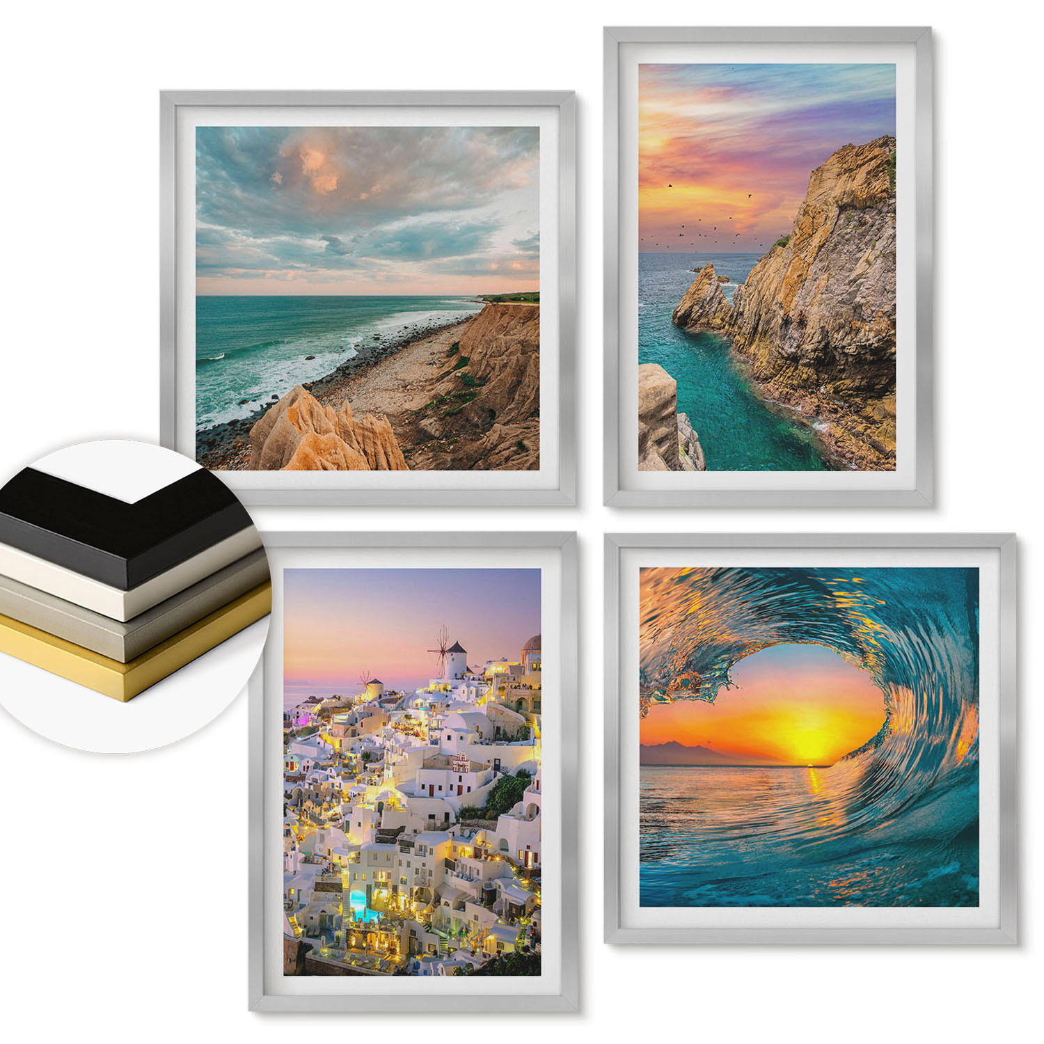 WANDBILDER 4er Set - 50x50 cm & 40x60 cm Silberner Rahmen - Meereswellen, weiße Häuser, Santorini - Silberfarben, Kunststoff (50/50cm) - ArtPrintCave