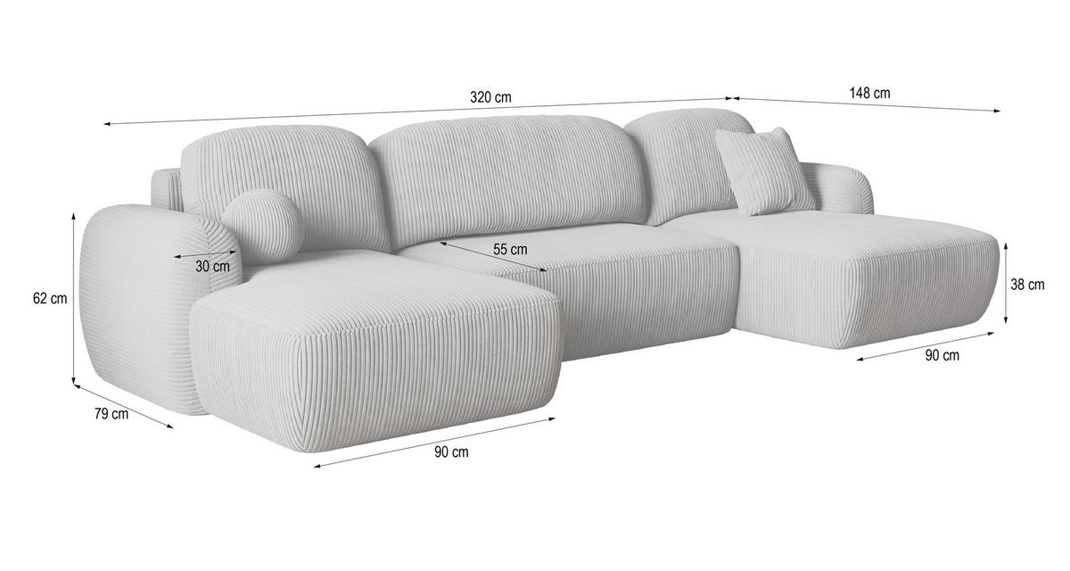 WOHNLANDSCHAFT SAVONA P Graphitfarben Kordstoff mit Schlaffunktion - Graphitfarben, Holz (320/90/148cm) - MASSENO