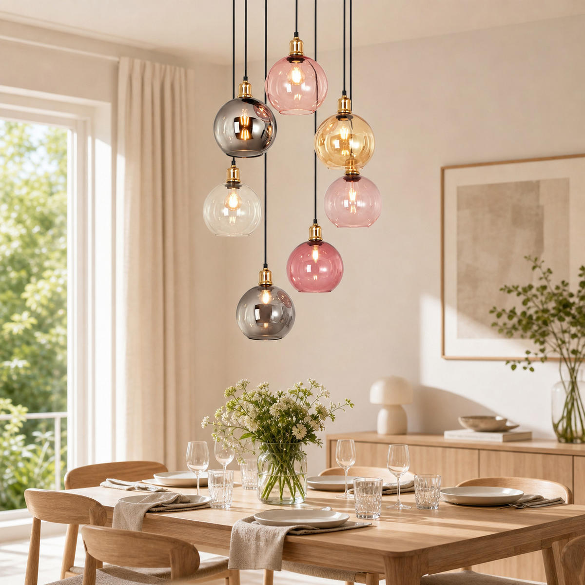 PENDELLEUCHTE Lyveth 50/20/191 cm - Multicolor/Schwarz, Glas/Metall (50/20/191cm) - ZMH