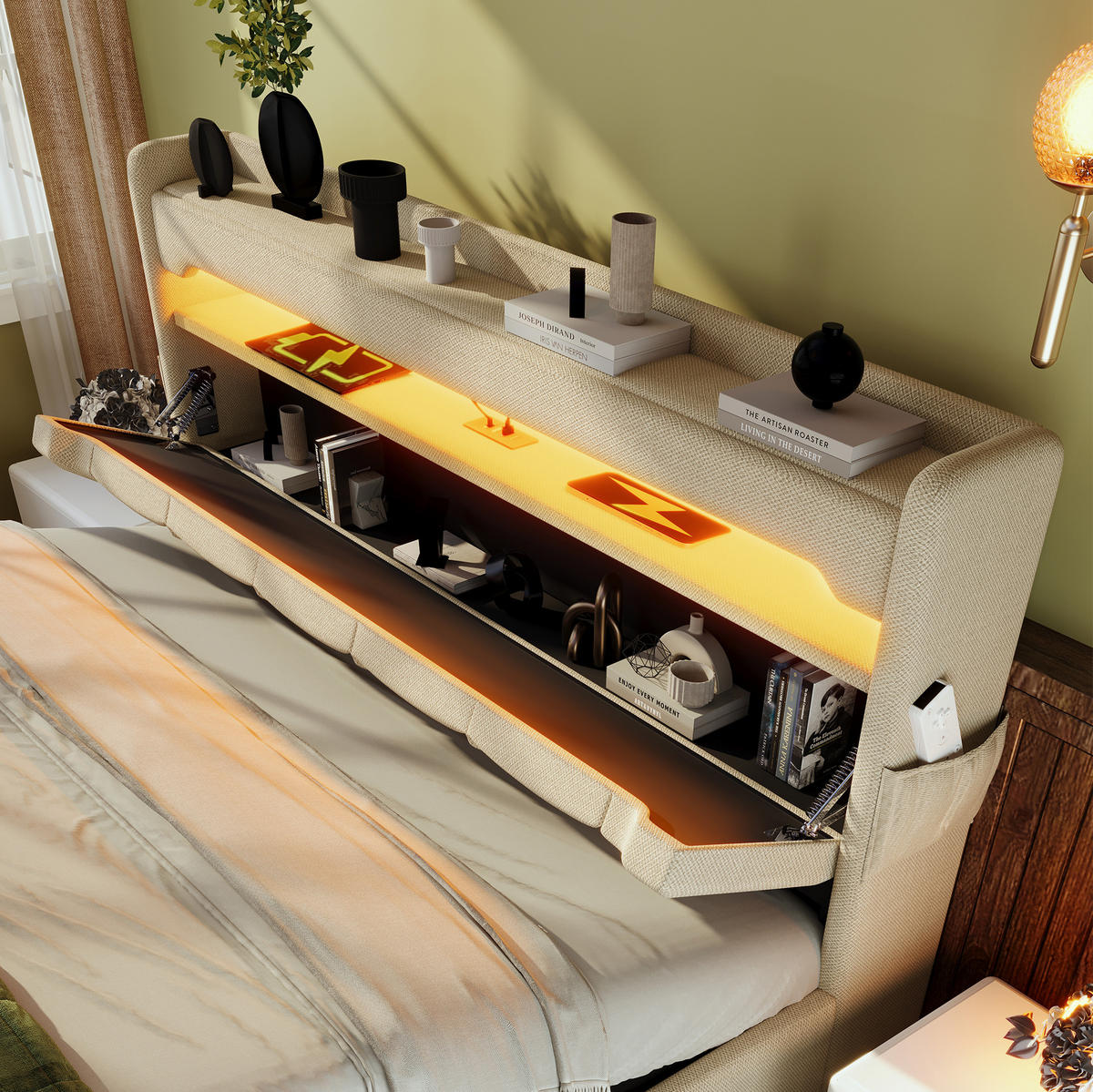 BETT mit Stauraum, LED und Ladefunktion 140x200 cm Leinen Beige inkl. Matratze - Beige, Metall (140/200cm) - Meubliv
