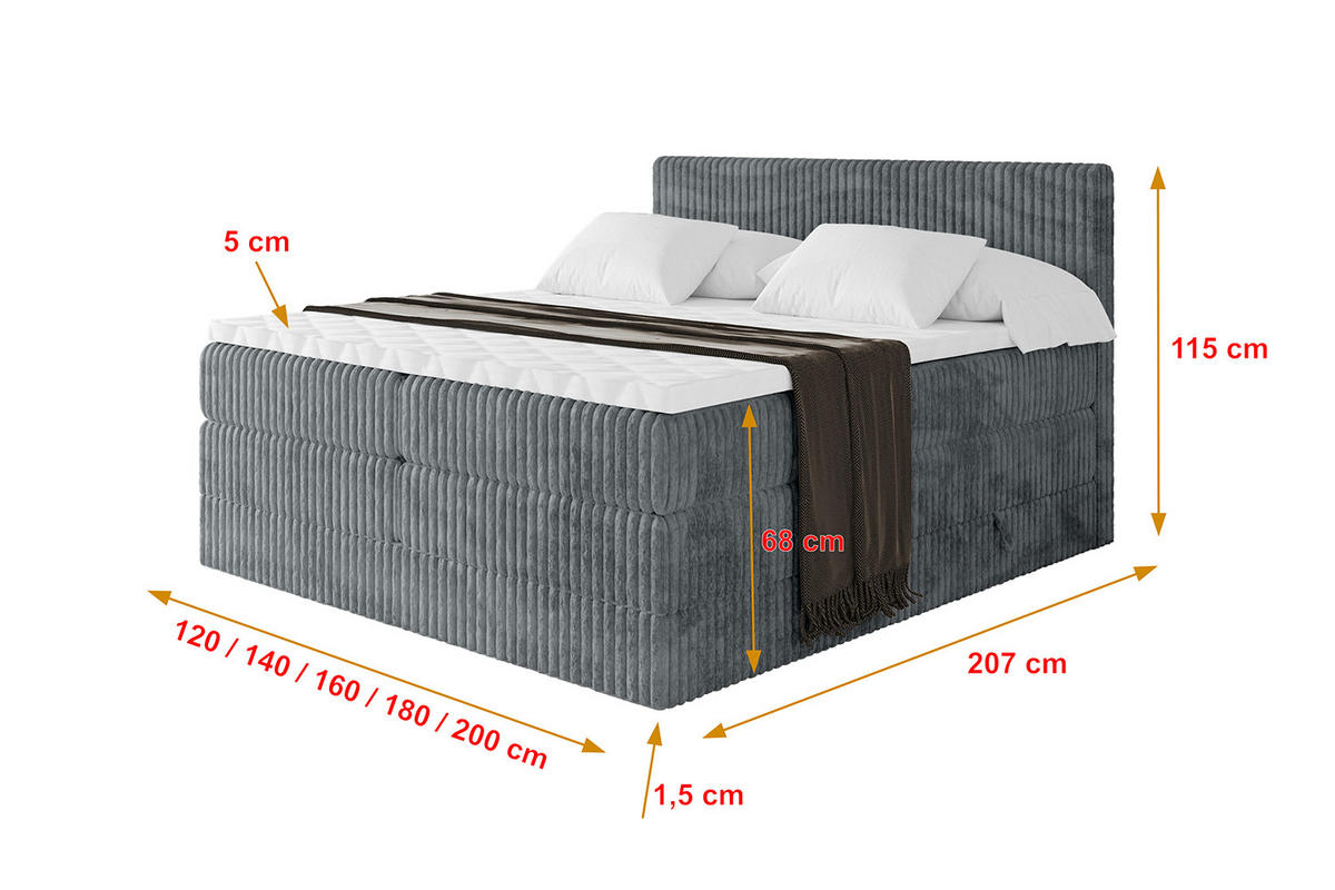 BOXSPRINGBETT mit Matratze H3|H4 und Lattenrost - TOLO KING 200x200 Cord - Dunkelgrau - Dunkelgrau, Holzwerkstoff (200/200cm) - ALTDECOR