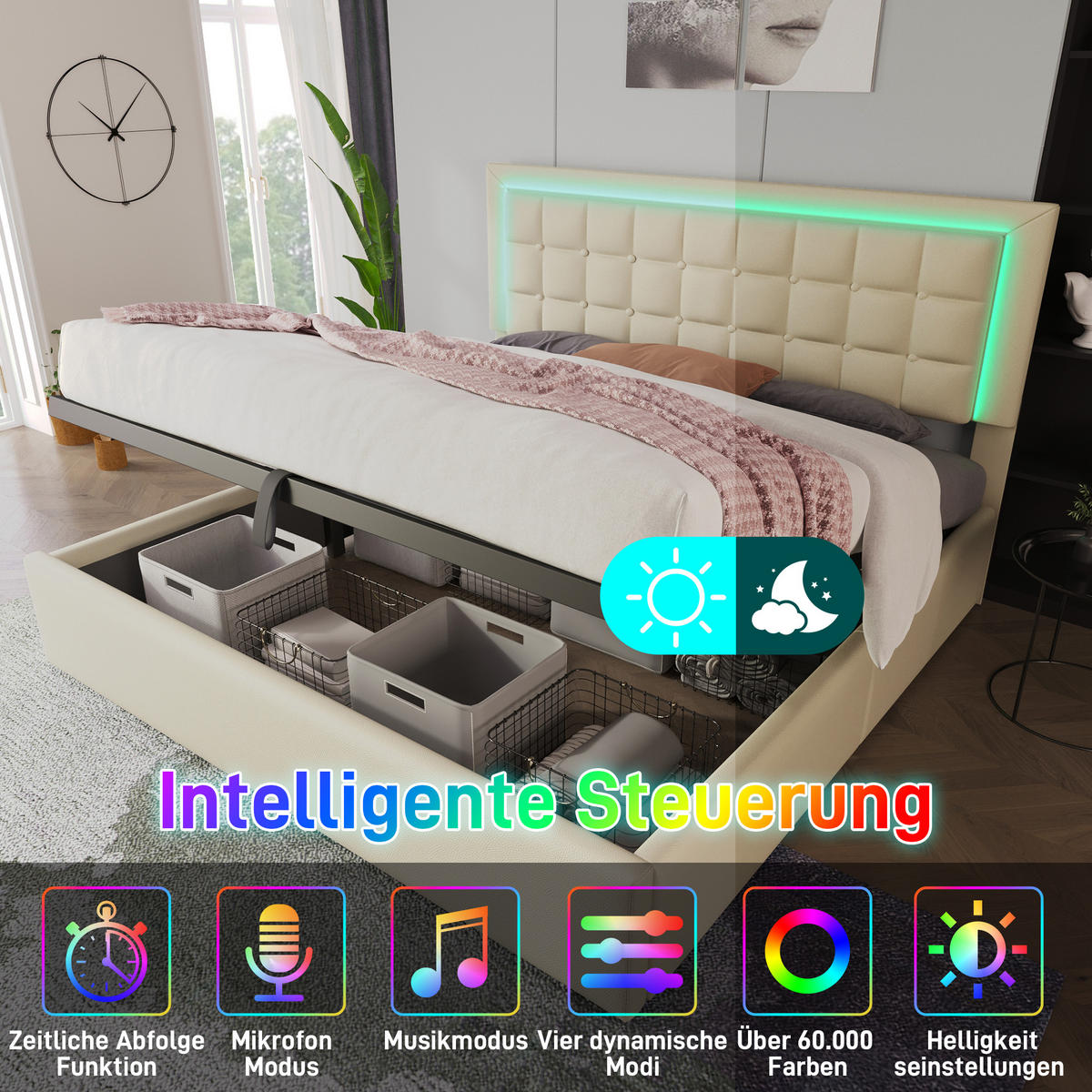 POLSTERBETT 140/200 cm mit LED-Beleuchtung, hydraulischem Stauraum und Lattenrost aus PU, Weiß - Weiß, Kunststoff (140/200cm) - Redom