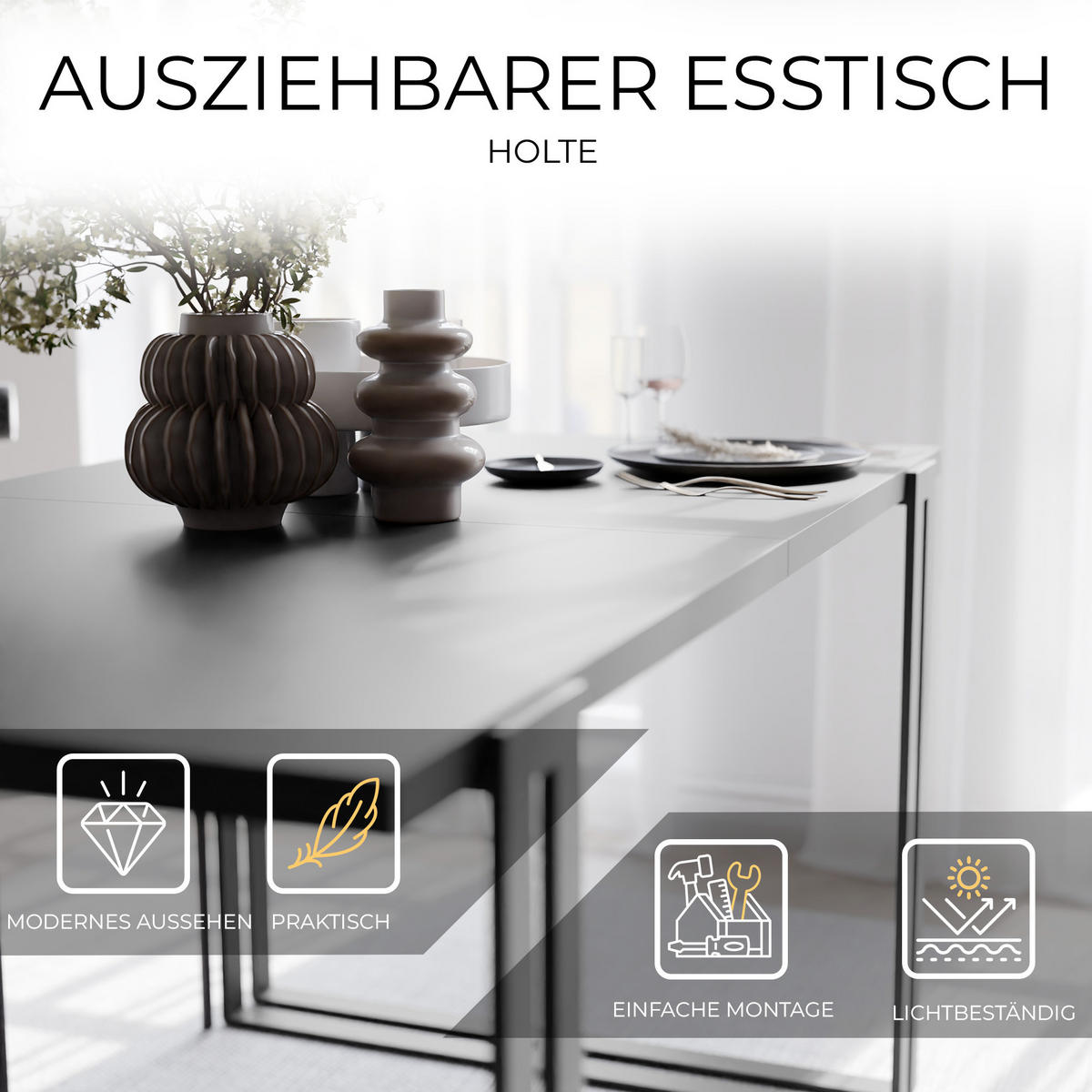 TISCH ausziehbar aus MDF, Schwarz - Schwarz, Holzwerkstoff (160/80/76cm) - Idohome