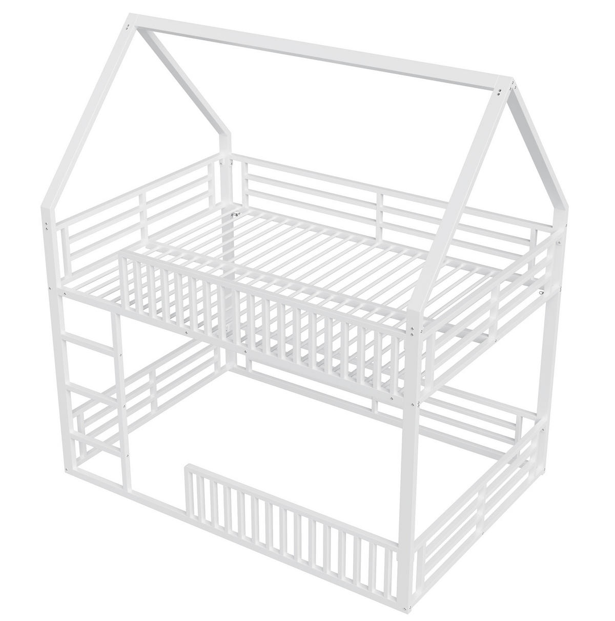 ETAGENBETT 140/200 cm aus Metall mit LED-Beleuchtung, Hausdesign und Schutzgeländer, Weiß - Weiß, Metall (140/200cm) - Redom