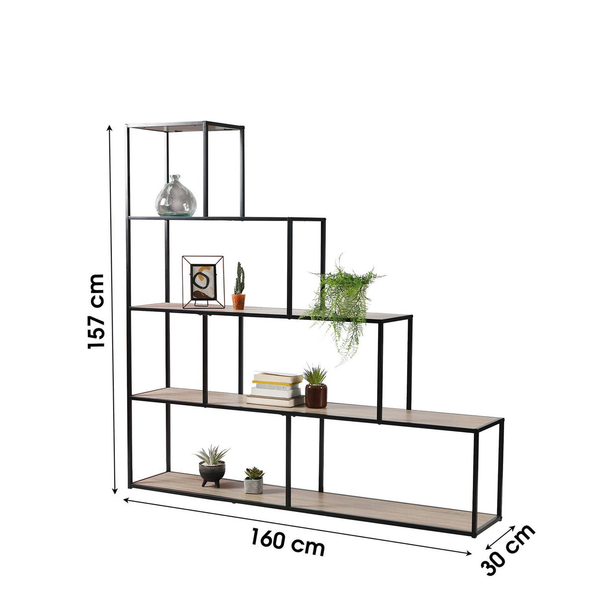 BÜCHERREGAL im Treppen-Design - L160 x H157 cm - Colorado - Schwarz, Holzwerkstoff (30/157/160cm) - Calicosy