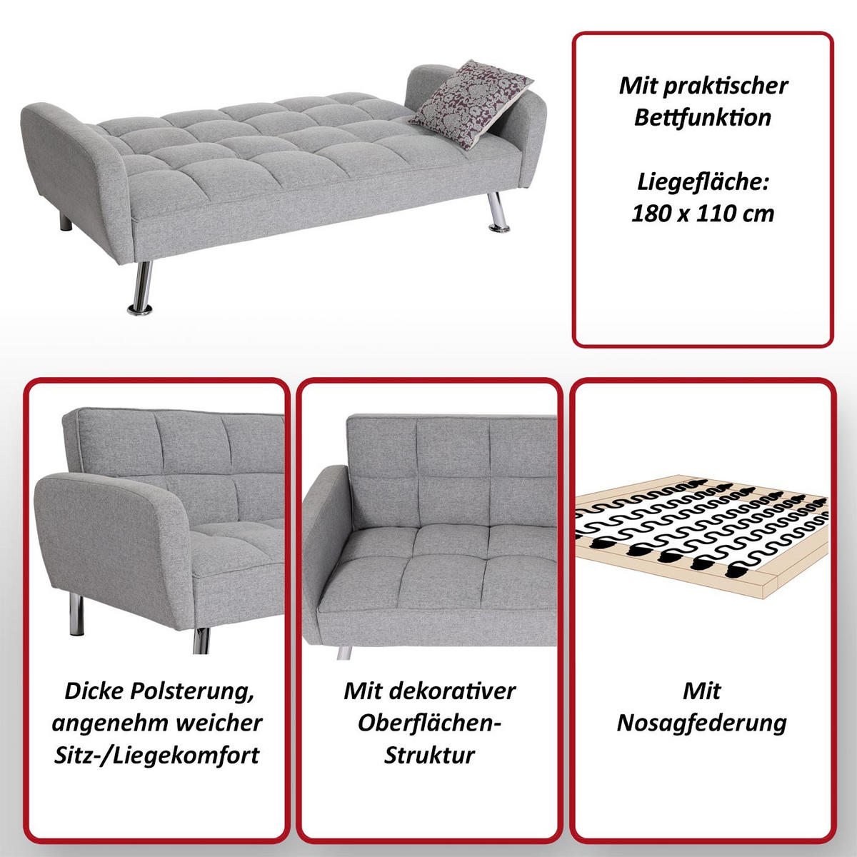 SOFA Hellgrau - Hellgrau, Textil (203/81/93cm) - MCW