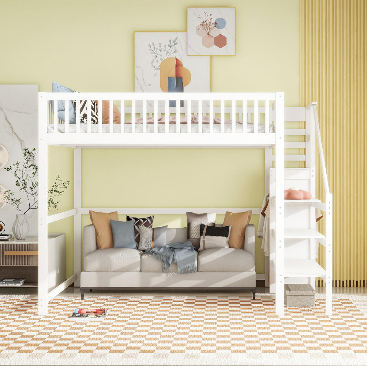 HOCHBETT 140/200 cm weiß Kinderbett aus Kiefernholz mit Kleiderschrank mit Matratze - Weiß, Holzwerkstoff (140/200cm) - OKWISH