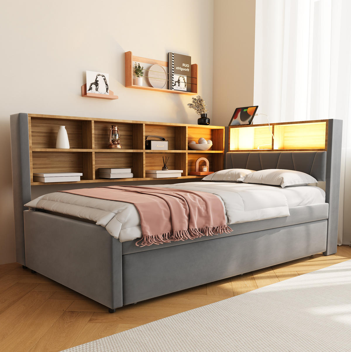 POLSTERBETT 90/200 cm Dunkelgrau aus Flanell mit Ausziehbett - Dunkelgrau, Textil (90/200cm) - OKMYHOME