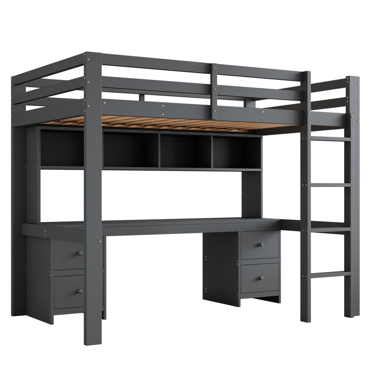 HOCHBETT aus Kiefernholz/MDF 90x200 cm in Grau mit Schreibtisch & Stauraum - Grau, Holz (90/200cm) - Modfu