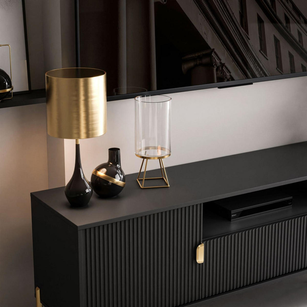TV Rack DALIA 180 cm - Goldfarben/Schwarz, Holzwerkstoff (179/58/40cm) - Lookway