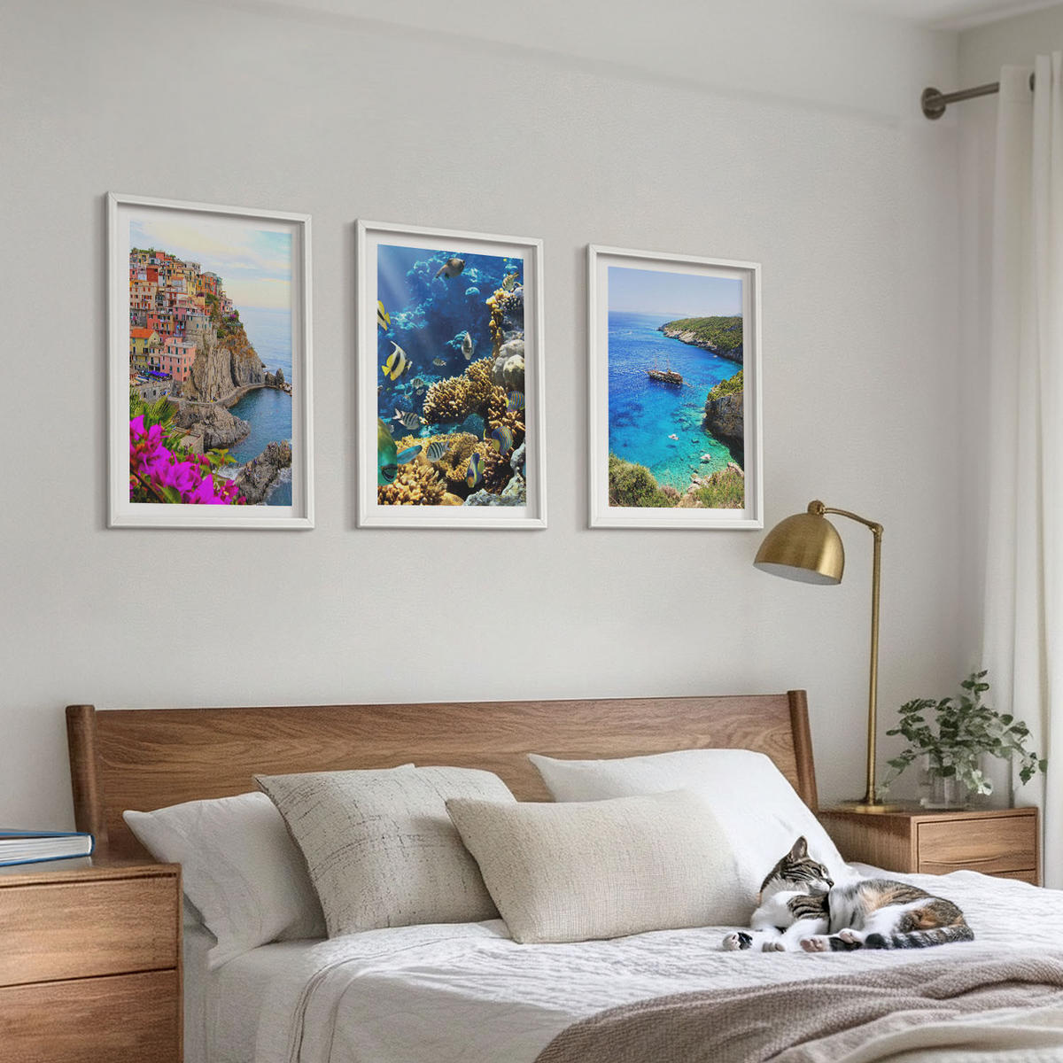 BILDER SET 3er Set - 40x60 cm Weißer Rahmen - Meerblick, farbenfrohe Häuser - Weiß, Kunststoff (40/60cm) - TULUP