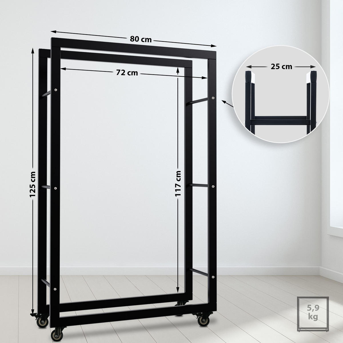 KAMINHOLZREGAL 80/25/125 cm Metall schwarz - Schwarz, Metall (80/125/25cm) - CLP