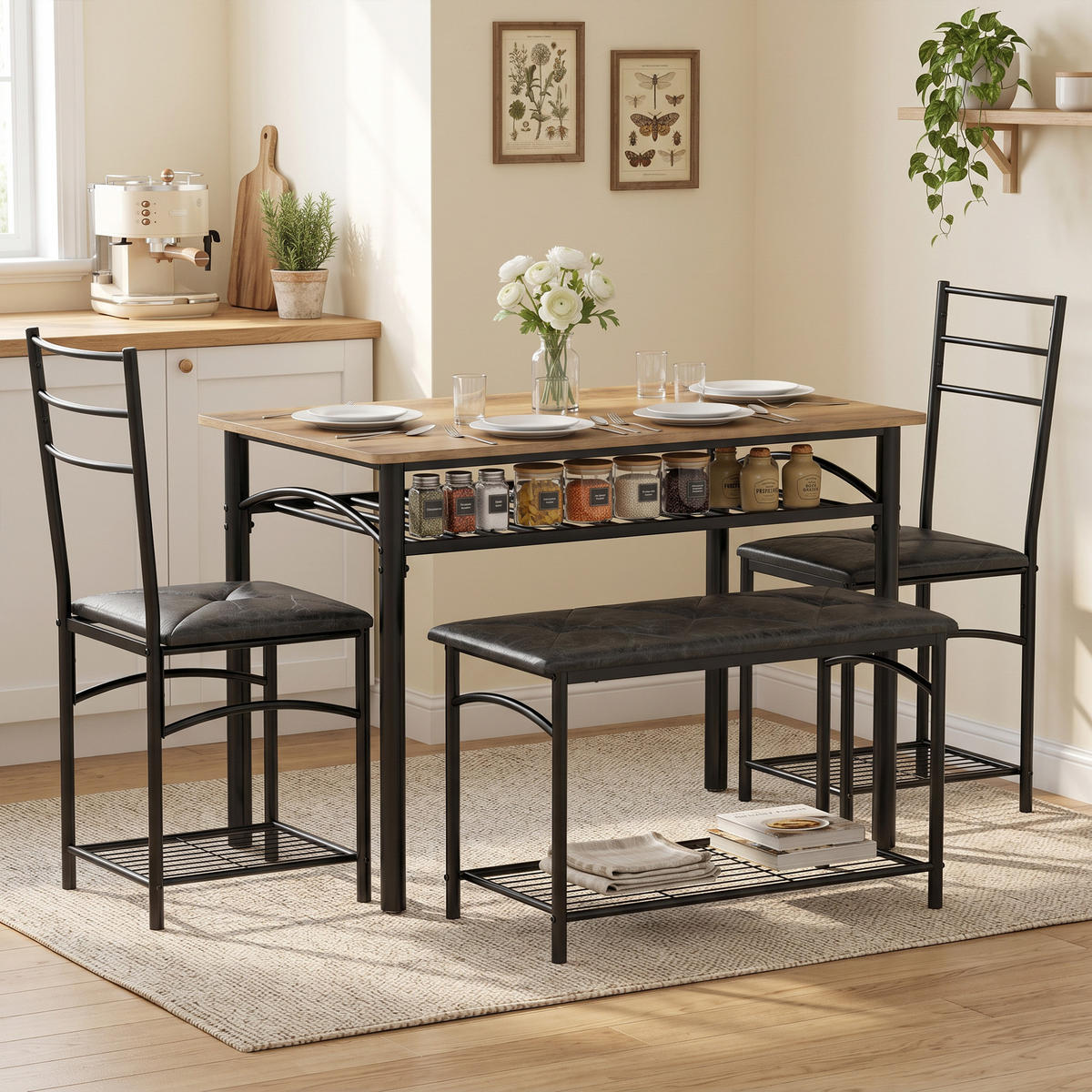 MATSALSGRUPP, 4-delars set, av metall och MDF, rustikalbrun - Brun/Svart, Träbaserade material/Plast (60/76.3/100cm) - HOMCOM