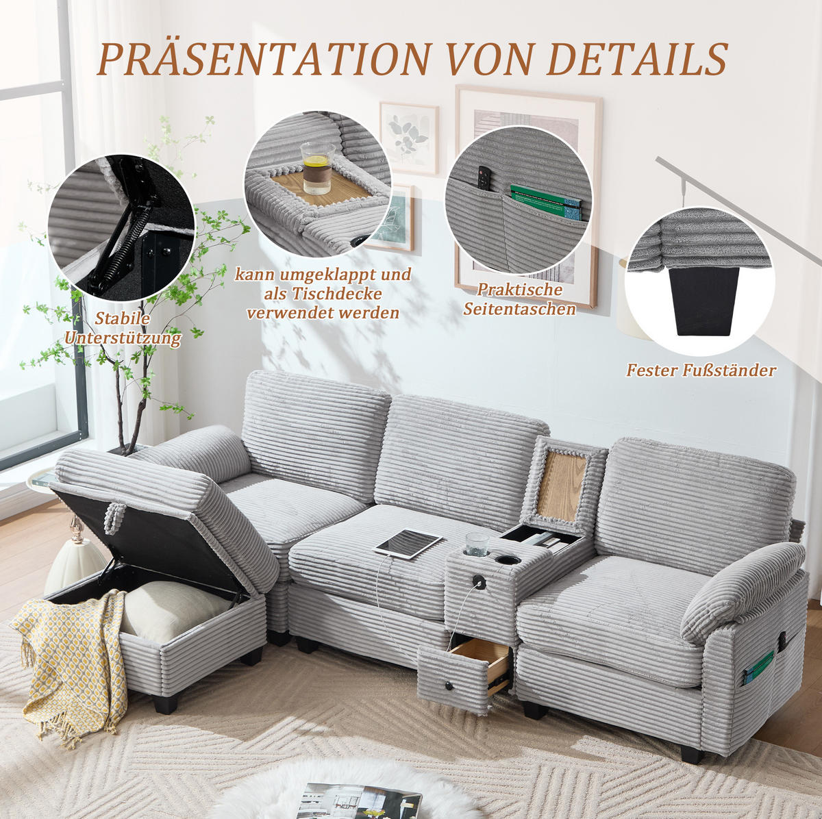 WOHNLANDSCHAFT Cord mit Stauraum und USB-Anschluss 266/136/82 cm Hellgrau - Hellgrau, Textil (136/82/266cm) - Redom