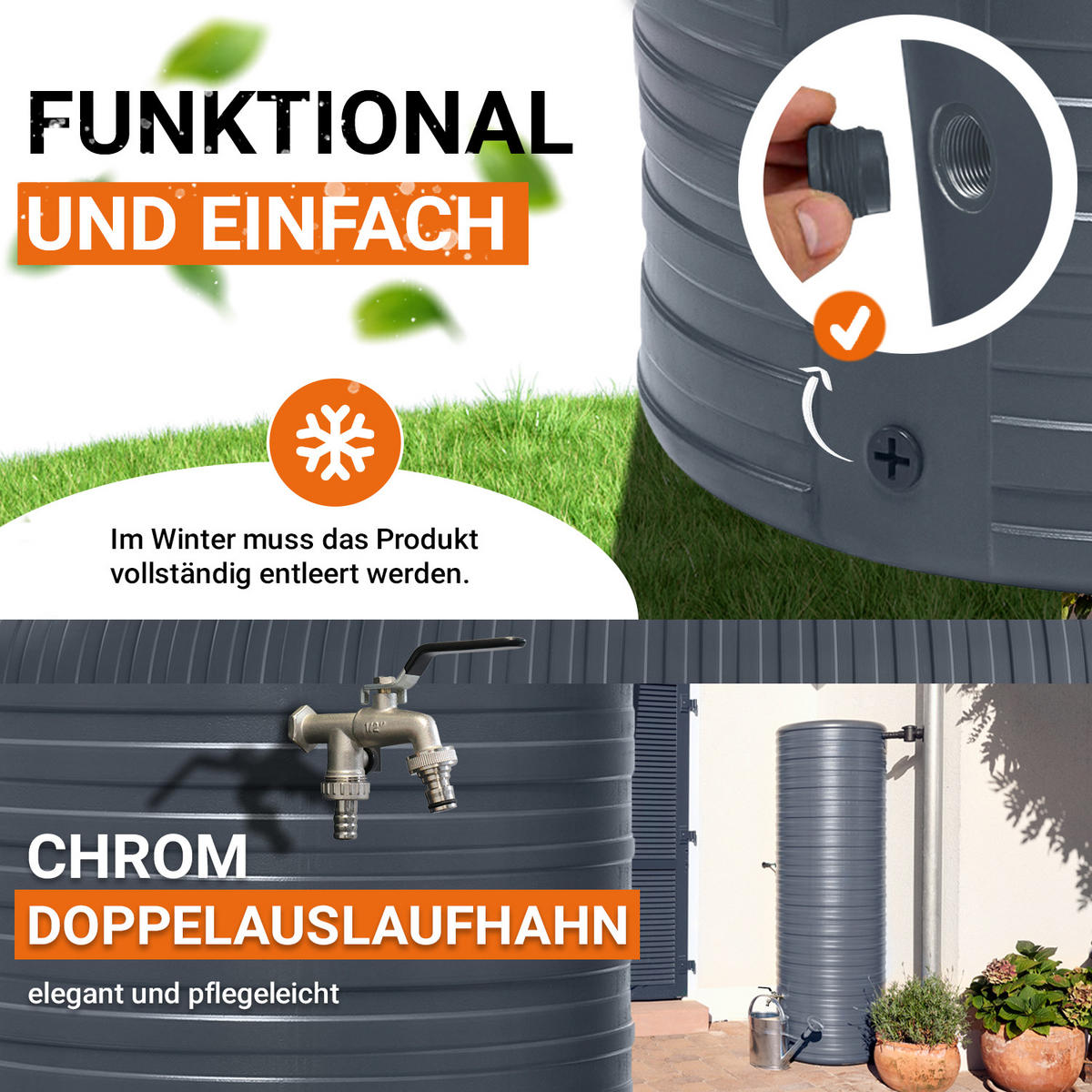 REGENTONNE Komplett-Set 500 L, graphite grey inkl. Chrom-Doppelauslaufhahn und Fallrohranschluss - Grau, Kunststoff (61/185/65cm) - GARANTIA