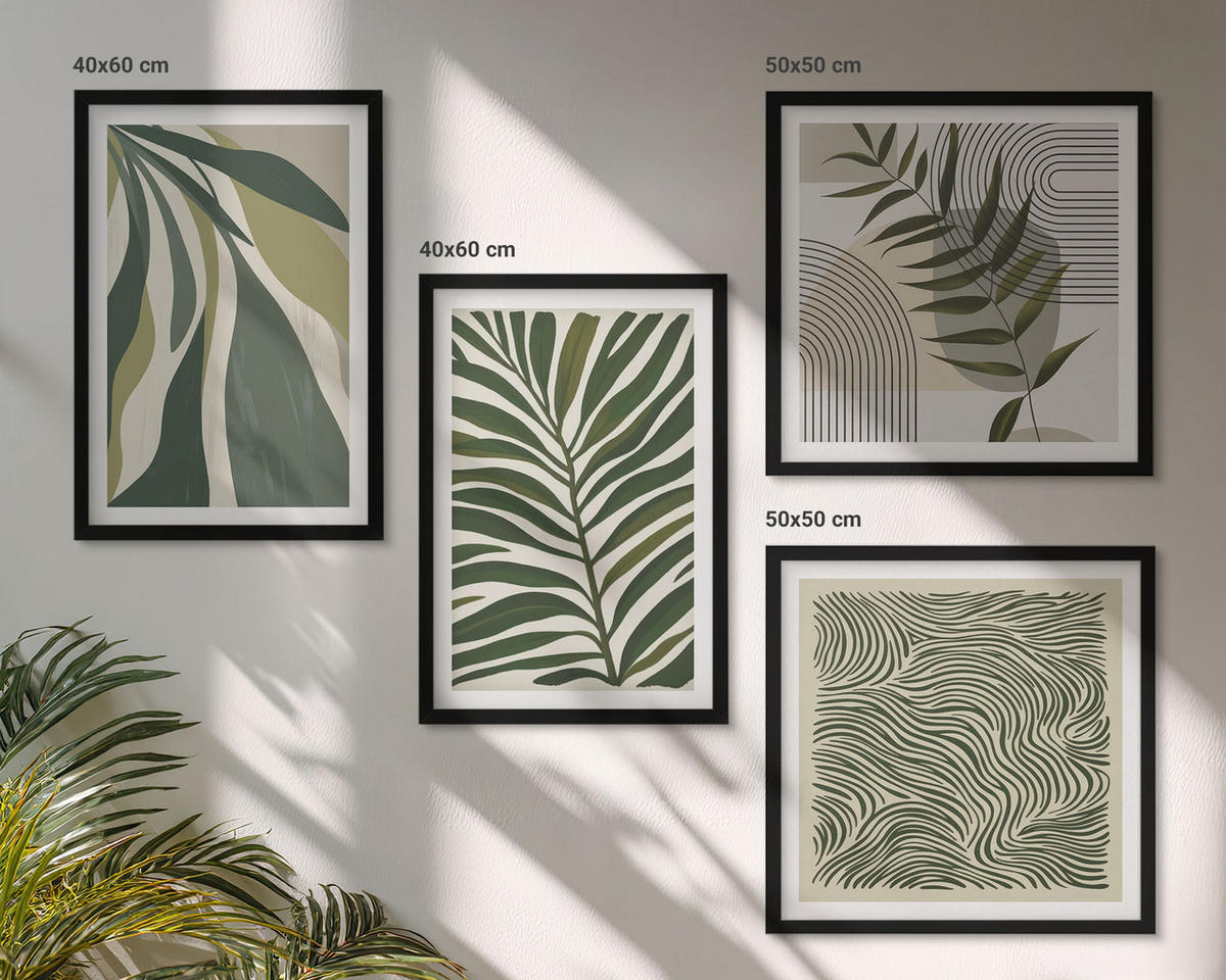 BILDER SET 4er Set - 50x50 cm & 40x60 cm Schwarzer Rahmen - Blätter, Wellen – Pastellillustrationen - Schwarz, Kunststoff (50/50cm) - TULUP