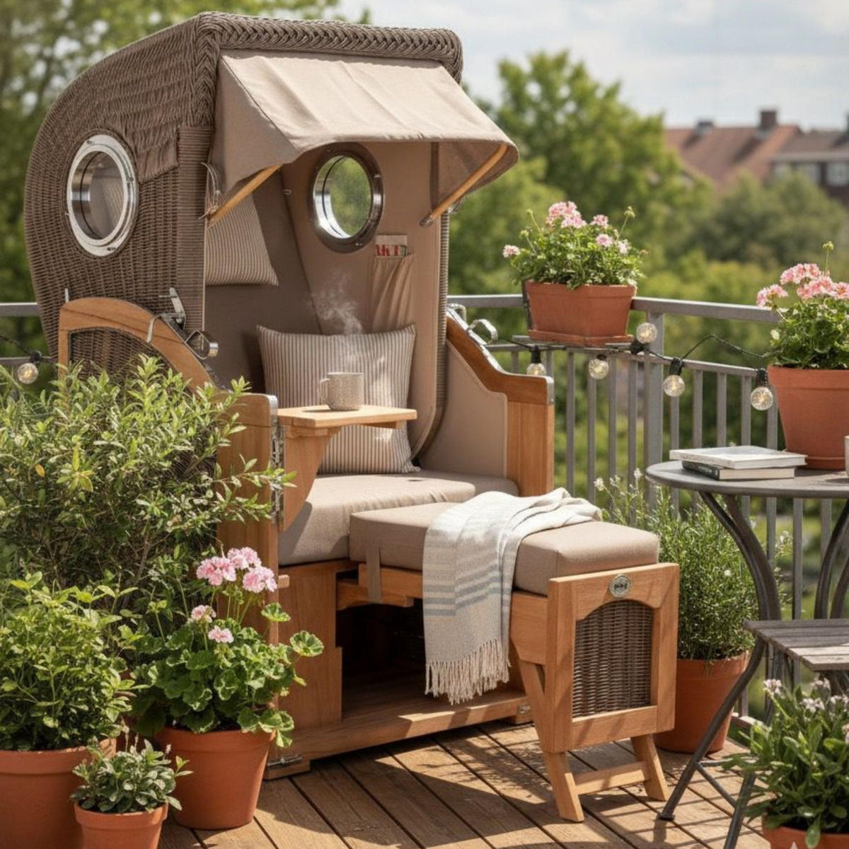 STRANDKORB Düne Single Teak 1-Sitzer - Taupe/Braun, Holz/Textil (96/165/80cm) - Mr. Deko