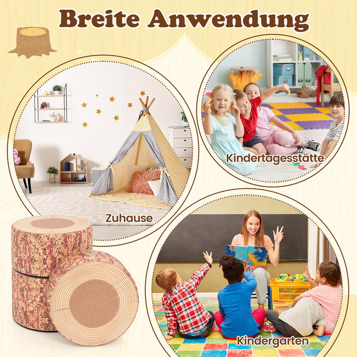 KINDERSITZGRUPPE aus Holz mit Muster braun(3-tlg) - Braun, Leder (38/25/38cm) - COSTWAY