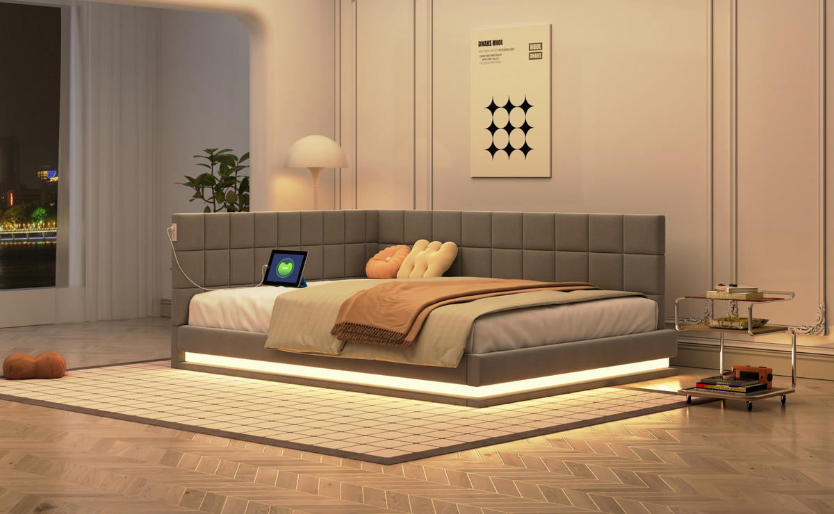 POLSTERBETT 140/200 cm Grau aus Leinen mit LED und USB-Steckdose - Grau, Textil (140/200cm) - OKMYHOME