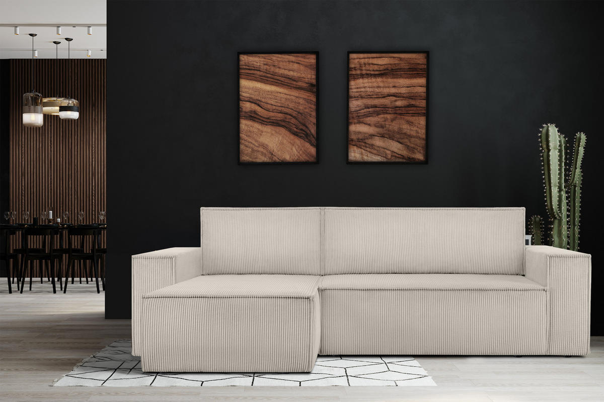 ECKSOFA-LINKS/RECHTS NAPI Schlaffunktion mit Cordbezug, cremig - Creme/Schwarz, Textil (262/148cm) - KONSIMO®