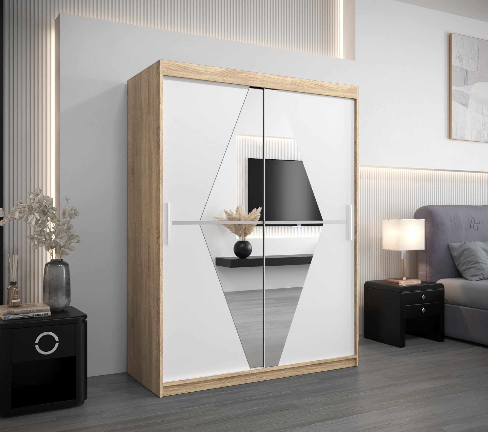 SCHWEBETÜRENSCHRANK 200/150/62 2-türig - Silberfarben/Weiß, Holz/Kunststoff (150/200/62cm) - Abiks Möbel